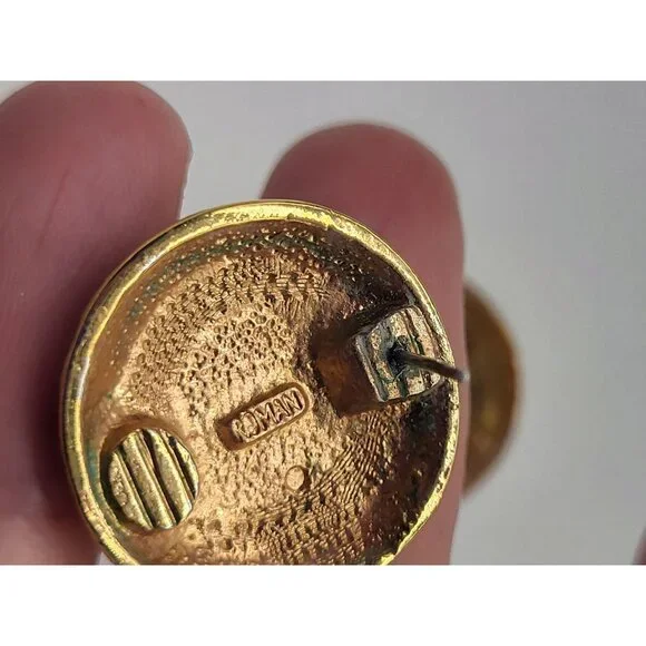 Vtg ROMAN COUTURE Black Enamel Rhinestone Cabochon Round Gold Tone Earrings - Picture 5 of 8